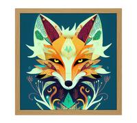 Artery8 Wall Art Print Contemporary Folk Style Fox Abstract Face Portrait Orange Teal Square Framed Picture 16X16 Inch | Size: W16" x H16" Artery8 Light Oak W16" x H16"
