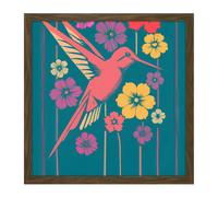Artery8 Wall Art Print Coral Pink Hummingbird Yellow Purple Red Flowers Painting Square Framed Picture 16X16 Inch in Brown | Size: W16" x H16" Artery8 Brown W16" x H16"