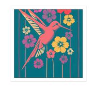 Artery8 Wall Art Print Coral Pink Hummingbird Yellow Purple Red Flowers Painting Square Framed Picture 16X16 Inch in White | Size: W16" x H16" Artery8 White W16" x H16"
