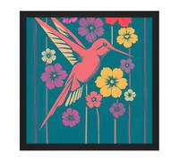 Artery8 Wall Art Print Coral Pink Hummingbird Yellow Purple Red Flowers Painting Square Framed Picture 16X16 Inch in Black | Size: W16" x H16" Artery8 Black W16" x H16"