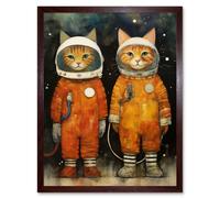 Artery8 Wall Art Print Cosmic Cats in Outer Space Moon Walk Fun Kids Bedroom Artwork Art Framed in Brown | Size: W12" x H16" Artery8 Brown W12" x H16"