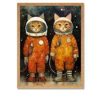 Artery8 Wall Art Print Cosmic Cats in Outer Space Moon Walk Fun Kids Bedroom Artwork Art Framed in Light Oak | Size: W12" x H16" Artery8 Light Oak W12" x H16"