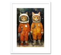 Artery8 Wall Art Print Cosmic Cats in Outer Space Moon Walk Fun Kids Bedroom Artwork Framed 9X7 Inch in White | Size: W7" x H9" Artery8 White W7" x H9"