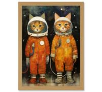 Wall Art Print Cosmic Cats in Outer Space Moon Walk Fun Kids Bedroom Artwork Framed A4 Artery8 Light Oak A4
