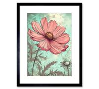 Artery8 Wall Art Print Cosmos Flower Bloom Soft Pink And Teal Watercolour Artwork Framed 9X7 Inch