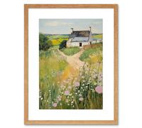 Artery8 Country Farmhouse Cottage Scene Traditional Landscape Oil Painting Meadows Countryside Summer Artwork Framed Wall Art Print 9X7 Inch