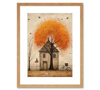 Artery8 Wall Art Print Country House Autumn Tree Oil Painting Orange Brown Bicycle on Fence Rural Life Artwork Framed 9X7 Inch | Size: W7" x H9" Artery8 Beige W7" x H9"