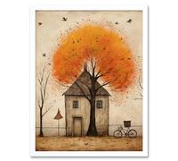 Artery8 Wall Art Print Country House Autumn Tree Oil Painting Orange Brown Bicycle on Fence Rural Life Art Framed in White | Size: W12" x H16" Artery8 White W12" x H16"