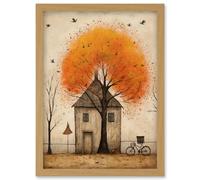 Wall Art Print Country House Autumn Tree Oil Painting Orange Brown Bicycle on Fence Rural Life Artwork Framed A4 Artery8 Light Oak A4