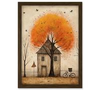 Wall Art Print Country House Autumn Tree Oil Painting Orange Brown Bicycle on Fence Rural Life Artwork Framed A4 Artery8 Brown A4
