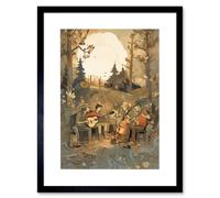Artery8 Wall Art Print Countryside Folk Band Musicians Playing Music in the Forest at Sunset Modern Watercolour Painting Artwork Framed 9X7 Inch Artery8 Black W7" x H9"