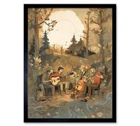 Artery8 Wall Art Print Countryside Folk Band Musicians Playing Music in the Forest at Sunset Modern Watercolour Painting Art Framed Artery8 Black W12" x H16"