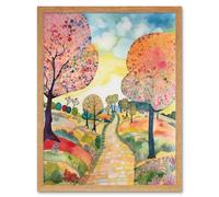 Artery8 Wall Art Print Countryside Path With Blooming Flowers & Trees Folk Art Landscape Watercolour Painting Art Framed | Size: W12" x H16" Artery8 Light Oak W12" x H16"
