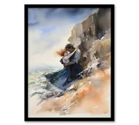 Artery8 Wall Art Print Couple Embrace In Dramatic Coastal Cliff Landscape Watercolour Painting Wuthering Heights Art Framed | Size: W12" x H16" Artery8 Multicolor W12" x H16"
