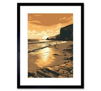 Artery8 Wall Art Print Couple walking on the Beach at Sunset Artwork Framed 9X7 Inch in Black | Size: W7" x H9" Artery8 Black W7" x H9"