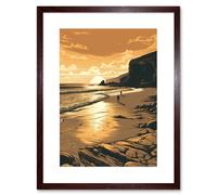 Artery8 Wall Art Print Couple walking on the Beach at Sunset Artwork Framed 9X7 Inch in Brown | Size: W7" x H9" Artery8 Brown W7" x H9"