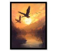 Artery8 Wall Art Print Cranes Soaring Against a Golden Sunset Sky Atmospheric Painting Warm Colours Birds Flying Over Tranquil Mountain Lake Artery8 Yellow W12" x H16"