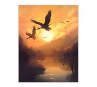Artery8 Wall Art Print Cranes Soaring Against a Golden Sunset Sky Atmospheric Painting Warm Colours Birds Flying Over Tranquil Mountain Lake Artery8 Yellow W24" x H32"