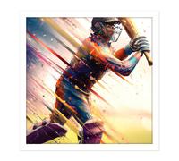 Artery8 Wall Art Print Cricket Batsman Swings Action Sports Splatter Oil Painting Square Framed Picture 16X16 Inch in White | Size: W16" x H16" Artery8 White W16" x H16"
