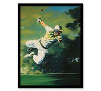 Artery8 Wall Art Print Cricket Match Outfield Diving Catch Watercolour Artwork For Him Fan Man Cave Art Framed in Green | Size: W12" x H16" Artery8 Green W12" x H16"