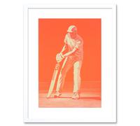 Artery8 Wall Art Print Cricket Player Flick Shot Sport Artwork Orange Monochrome Athlete Portrait Artwork Framed 9X7 Inch in White | Size: W7" x H9" Artery8 White W7" x H9"