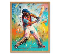 Artery8 Wall Art Print Cricket Shot Vibrant Cricketer Batsman Portrait Art Framed in Light Oak | Size: W12" x H16" Artery8 Light Oak W12" x H16"