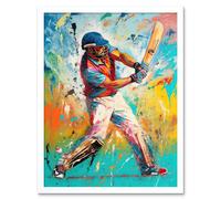 Artery8 Wall Art Print Cricket Shot Vibrant Cricketer Batsman Portrait Art Framed in White | Size: W12" x H16" Artery8 White W12" x H16"