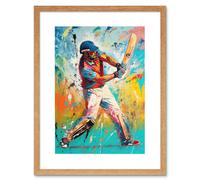 Artery8 Wall Art Print Cricket Shot Vibrant Cricketer Batsman Portrait Artwork Framed 9X7 Inch in Beige | Size: W7" x H9" Artery8 Beige W7" x H9"
