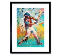 Artery8 Wall Art Print Cricket Shot Vibrant Cricketer Batsman Portrait Artwork Framed 9X7 Inch in Black | Size: W7" x H9" Artery8 Black W7" x H9"
