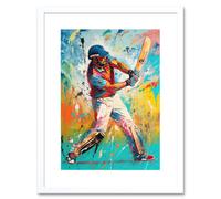 Artery8 Wall Art Print Cricket Shot Vibrant Cricketer Batsman Portrait Artwork Framed 9X7 Inch in White | Size: W7" x H9" Artery8 White W7" x H9"