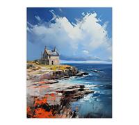Artery8 Wall Art Print Crofters Cottage on Scottish Coastal Landscape Poster Picture in Blue | Size: W12" x H16" Artery8 Blue W12" x H16"