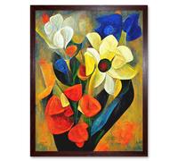 Artery8 Wall Art Print Cubist Abstract Flower Bouquet Still Life Oil Painting Art Framed in Brown | Size: W12" x H16" Artery8 Brown W12" x H16"