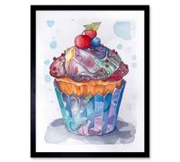 Artery8 Framed Wall Art Cupcake Icing With Fruit Folk Art Watercolour Painting - 12X16 Inch
