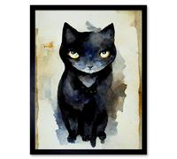 Artery8 Wall Art Print Curious Black Cat Watercolour Painting Art Framed | Size: W12" x H16" Artery8 Black W12" x H16"