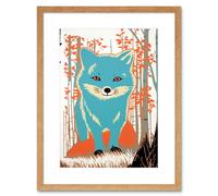 Artery8 Wall Art Print Cute Blue Fox Forest Glade Landscape Bright Woodland Baby Animal Kids Bedroom Artwork Framed 9X7 Inch | Size: W7" x H9" Artery8 Beige W7" x H9"