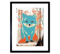 Artery8 Wall Art Print Cute Blue Fox Forest Glade Landscape Bright Woodland Baby Animal Kids Bedroom Artwork Framed 9X7 Inch | Size: W7" x H9" Artery8 Black W7" x H9"