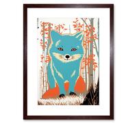 Artery8 Wall Art Print Cute Blue Fox Forest Glade Landscape Bright Woodland Baby Animal Kids Bedroom Artwork Framed 9X7 Inch | Size: W7" x H9" Artery8 Brown W7" x H9"
