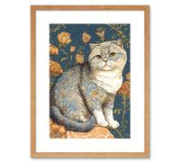 Artery8 Wall Art Print Cute Cat with Floral Pattern Fur & Autumn Flower Blooms Art Nouveau Modern Artwork Framed 9X7 Inch in Beige | Size: W7" x H9" Artery8 Beige W7" x H9"
