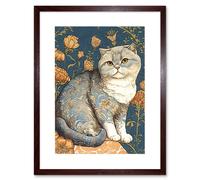 Artery8 Wall Art Print Cute Cat with Floral Pattern Fur & Autumn Flower Blooms Art Nouveau Modern Artwork Framed 9X7 Inch in Brown | Size: W7" x H9" Artery8 Brown W7" x H9"