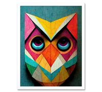 Artery8 Wall Art Print Cute Colourful Multicoloured Bright Geometric Owl Bird Painting Art Framed in White | Size: W12" x H16" Artery8 White W12" x H16"