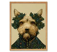 Artery8 Wall Art Print Cute Fun Westie Dog Vintage William Morris Style Art Framed in Light Oak | Size: W12" x H16" Artery8 Light Oak W12" x H16"