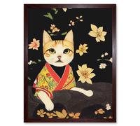 Artery8 Wall Art Print Cute Ginger Cat In Red & Yellow Kimono Sitting On A Bed Of Rocks With Flowers Art Framed in Brown | Size: W12" x H16" Artery8 Brown W12" x H16"