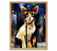 Artery8 Wall Art Print Cute Italian Street Cat Striking Pose Abstract Art Framed in Light Oak | Size: W12" x H16" Artery8 Light Oak W12" x H16"