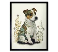Artery8 Wall Art Print Cute Jack Russel Dog Puppy & Flower Patterns Colour Pencil Art Framed in Black | Size: W12" x H16" Artery8 Black W12" x H16"
