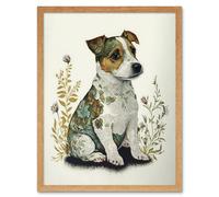 Artery8 Wall Art Print Cute Jack Russel Dog Puppy & Flower Patterns Colour Pencil Art Framed in Light Oak | Size: W12" x H16" Artery8 Light Oak W12" x H16"