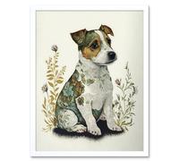 Artery8 Wall Art Print Cute Jack Russel Dog Puppy & Flower Patterns Colour Pencil Art Framed in White | Size: W12" x H16" Artery8 White W12" x H16"