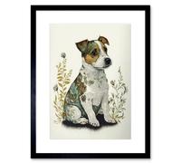 Artery8 Wall Art Print Cute Jack Russell Dog Puppy & Flower Patterns Colour Pencil Artwork Framed 9X7 Inch in Black | Size: W7" x H9" Artery8 Black W7" x H9"