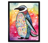 Artery8 Wall Art Print Cute Multicoloured Spot Penguin Folk Art Framed in Black | Size: W12" x H16" Artery8 Black W12" x H16"