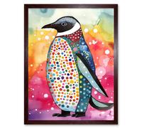 Artery8 Wall Art Print Cute Multicoloured Spot Penguin Folk Art Framed in Brown | Size: W12" x H16" Artery8 Brown W12" x H16"