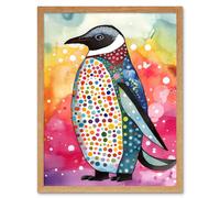 Artery8 Wall Art Print Cute Multicoloured Spot Penguin Folk Art Framed in Light Oak | Size: W12" x H16" Artery8 Light Oak W12" x H16"